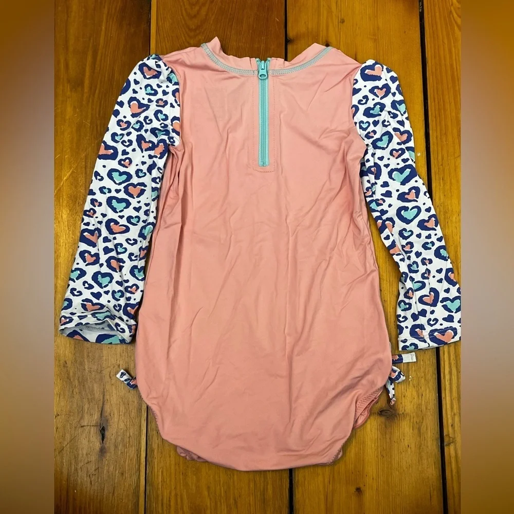 Hatley Rash Guard Swimsuit Ruffles Peachy Pink Heart Print Long Sleeve One Piece
